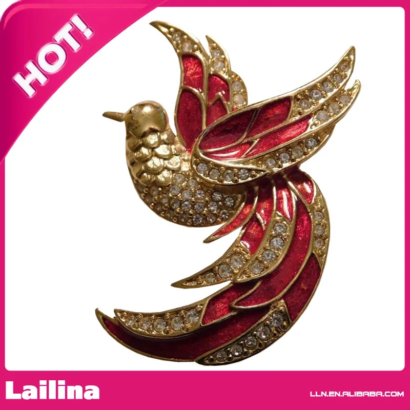 Модная брошь в виде птицы рая золотого тона с красной эмалью Стразы|pin brooch|rhinestone
