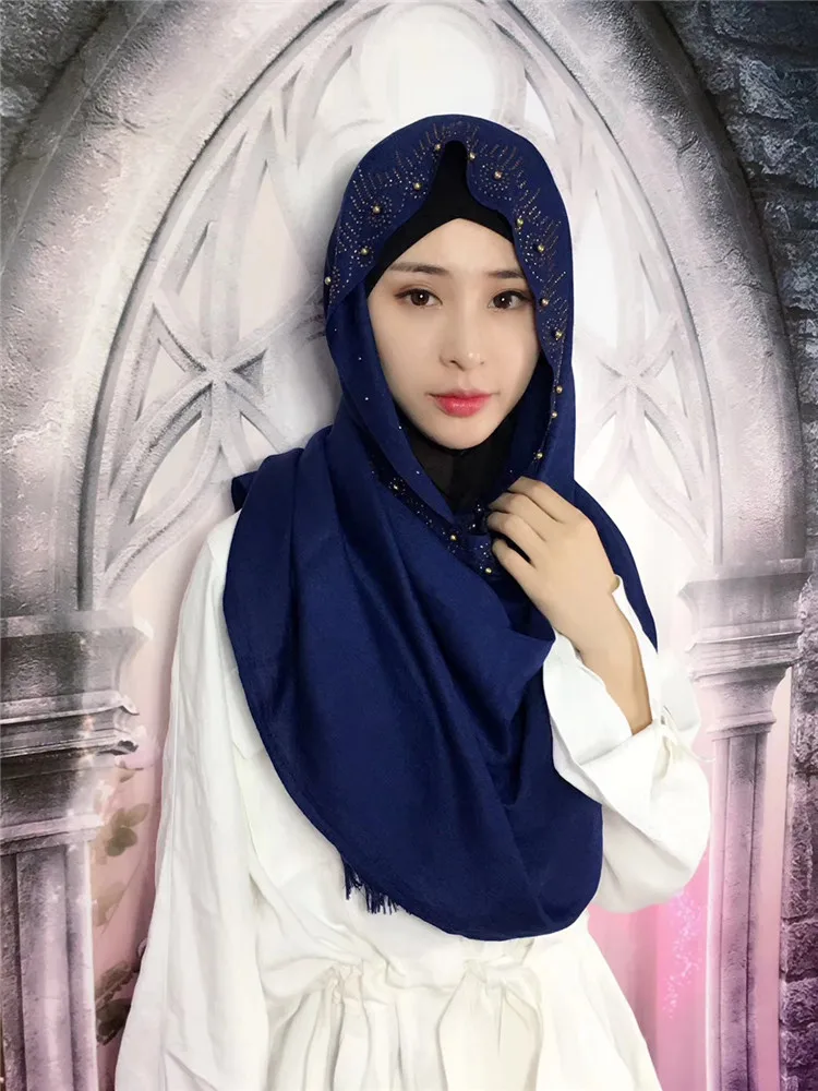 Мусульманские платки Бисероплетение геометрические хиджаб Cutton Muslima Шаль Исламская повязка на голову головные уборы Schaila