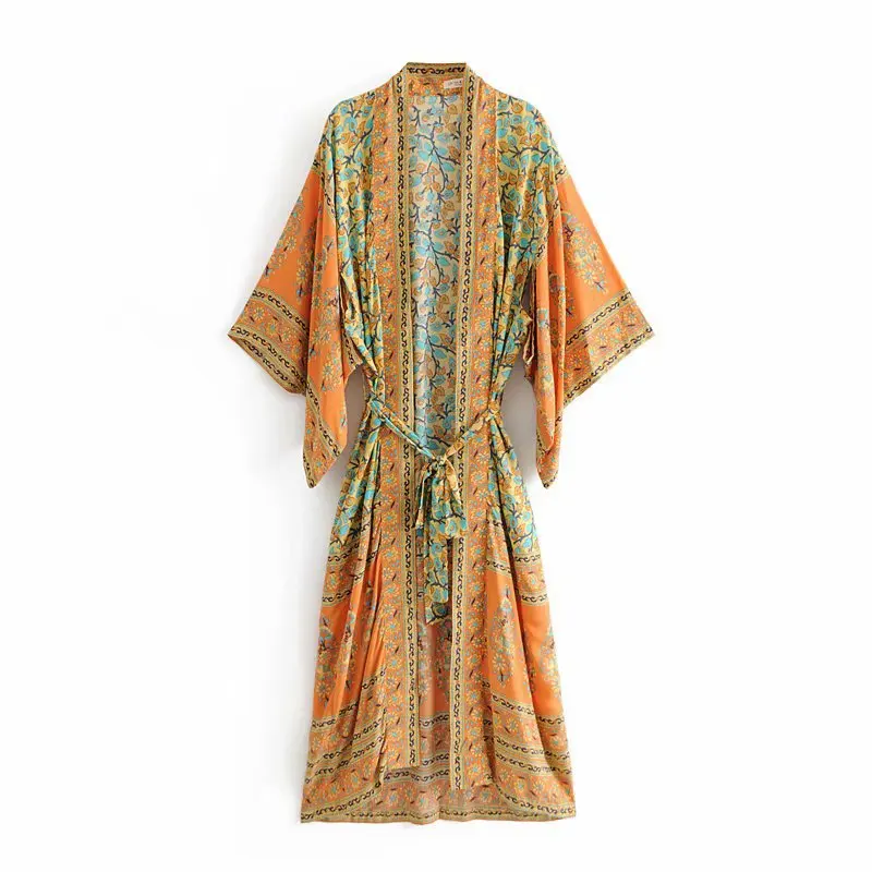 

2021 Bohemia Summer Beach Vintage Floral Print Sashes Long Kimono Women Fashion Cardigan Loose Blouses Casual Blusas Mujer