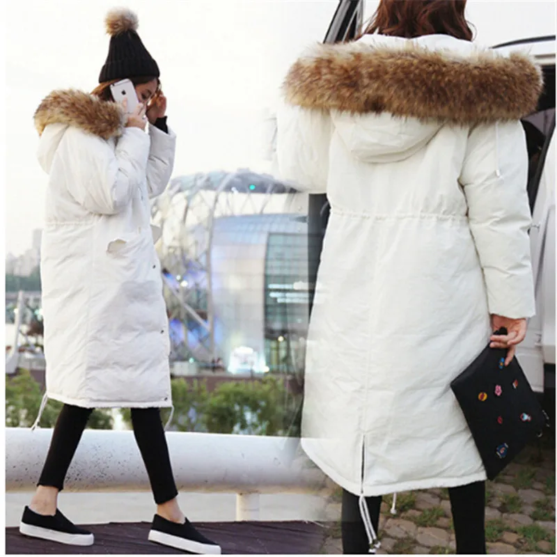 AILOOGE New Fashion Winter Jacket Women Parka Basic Faux Fur Hood Loose Oversize Army Green White Long Coat High Quality | Мужская