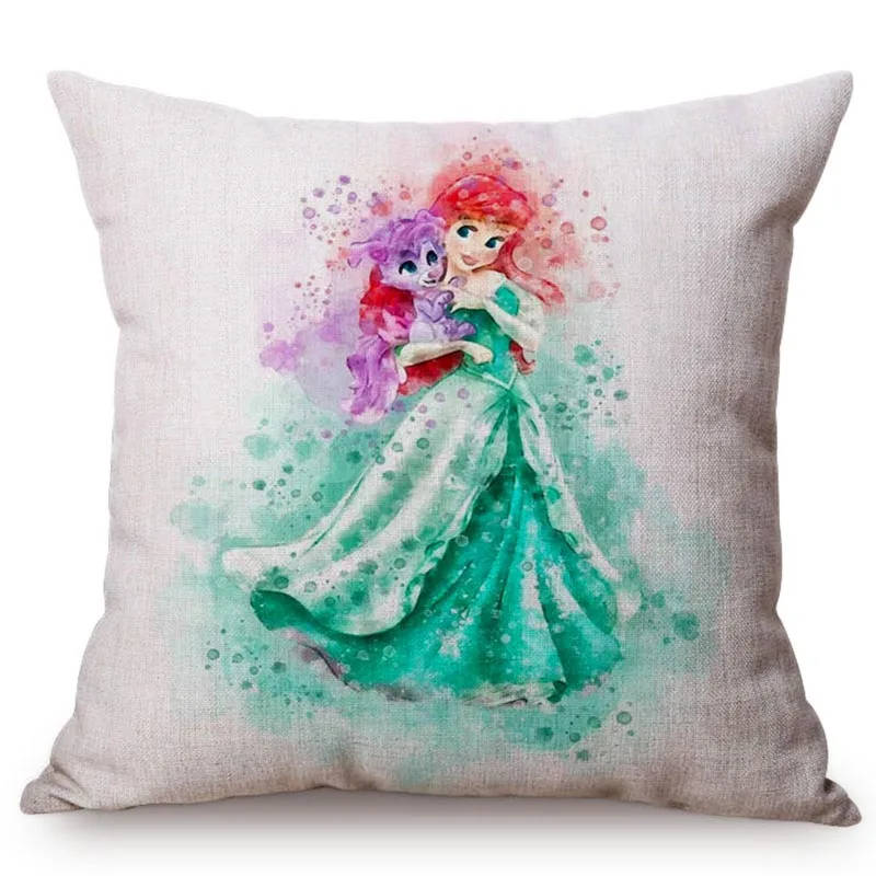 

Water Color Mermaid Ariel Rapunzel Cartoon Cushion Cover Snow White Princess Cute Girl Home Decor Room Sofa Throw Pillow Cover