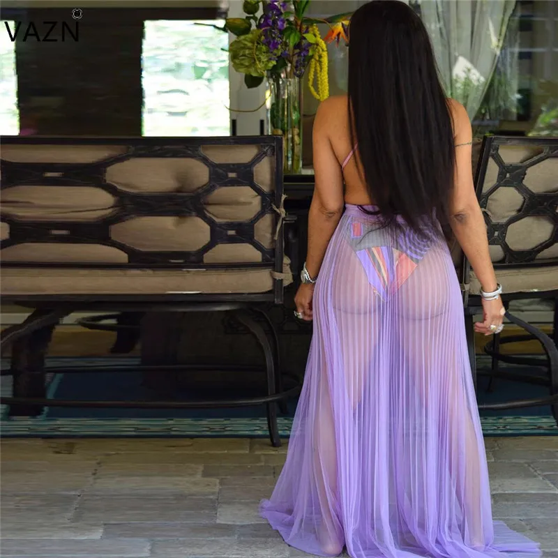 VAZN Summer New Sexy Style 2019 Women 2 Piece Set 1Piece Bodysuits Hollow Out Maxi Skirts Chiffon Beach SN3870 | Женская одежда