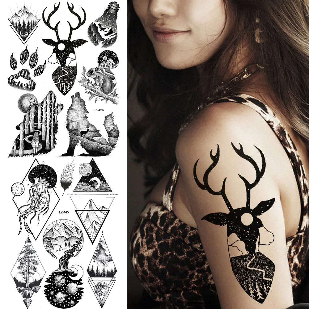 

Черные лесные лося рога волка водонепроницаемые татуировки временные поддельные лапы холм татуировки наклейки на запястье руки тела для ж...