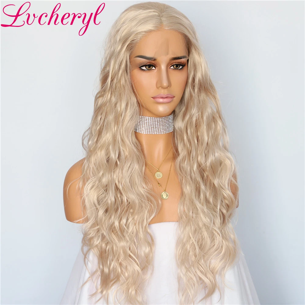 Lvcheryl полный плотность бежевый блонд цвет воды волна волос Glueless Синтетические Кружева передние парики для женщин Макияж вечерние парики
