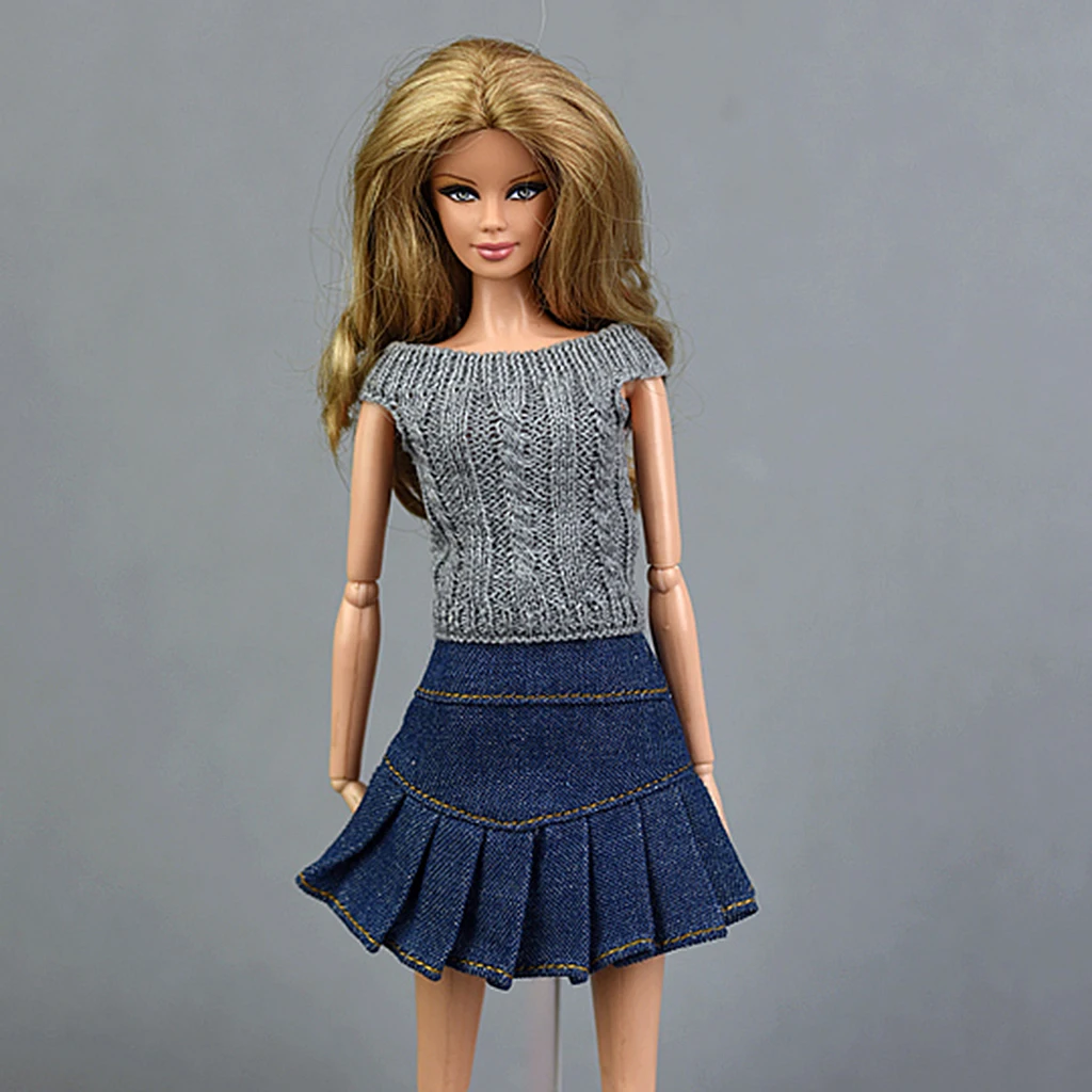 Стильный комплект одежды из 2 предметов, коллекция 1/6 года, Licca OB Girl My Life Dolls, вязаный свитер джинсовая юбка Модная Одежда для кукол серого и синего цвета