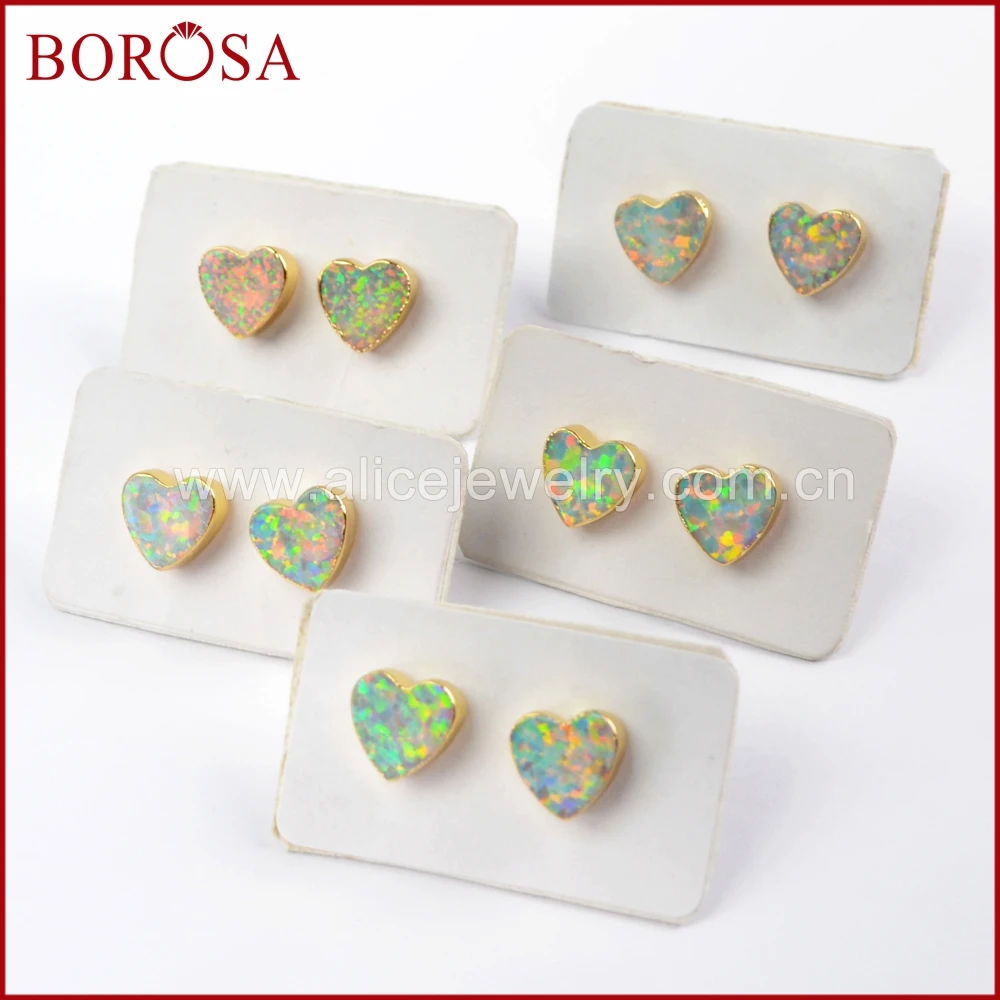 Женские серьги гвоздики BOROSA 5 пар золотые белые опаловые с сердцем искусственные