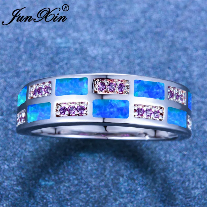 Luxury Blue White Fire Opal Ring Round Wedding Rings For Women Men Silver Color Purple Zircon Engagement Boho Jewelry | Украшения и