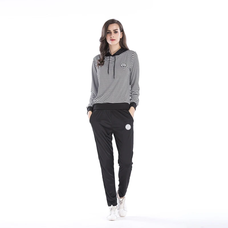 2018 spring and autumn new striped hat sweater trousers two-piece casual sports suit | Женская одежда