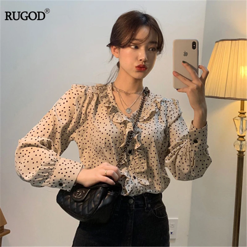 RUGOD Ghost horse girl Korean spring ins hot small blouse lace wave chiffon shirt fashionable blouses |