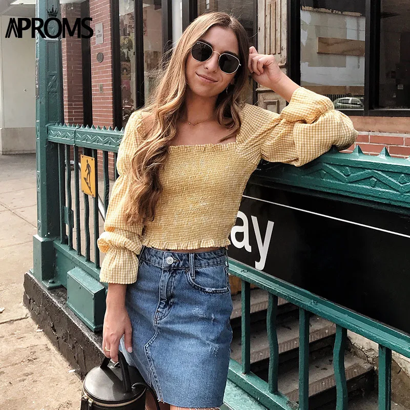 Aproms/винтажная Укороченная блуза с квадратным вырезом и длинными рукавами, женская летняя эластичная Укороченная блуза, уличная желтая рубашка, Blusas