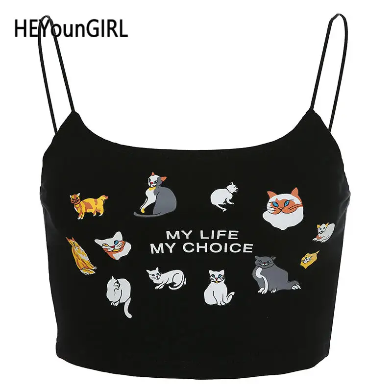 Черный HEYounGIRL повседневный черный топ на бретельках с принтом, без рукавов, с открытой спиной, милый укороченный Топ для женщин, уличная одежда, Cami, топы, футболки для девушек - Цвет: Черный