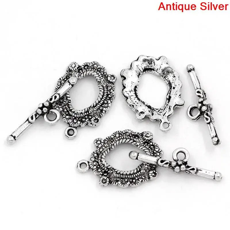 

DoreenBeads Zinc metal alloy Toggle Clasps Round Silver Color Pattern 24mm x17mm(1" x 5/8")26.5mm x7mm(1" x 2/8"),4 Sets