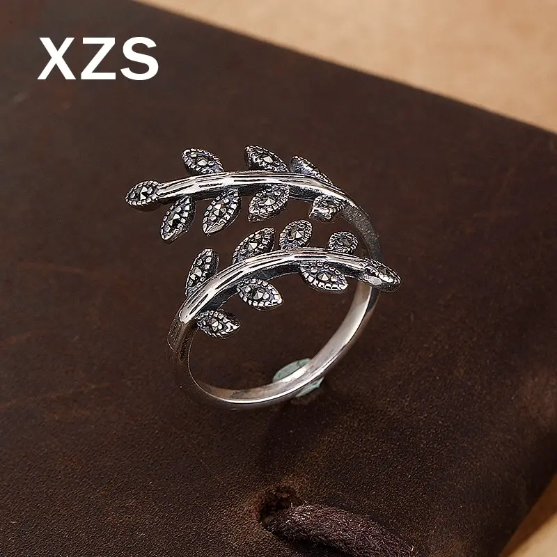 

100% Authentic 925 Sterling Silver Marcasite Leaf Ring China Style Vintage Hand Made For Women Luxury Gift Jewelry JZC-8109