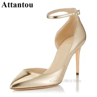 gold leather thin high heel women pumps ankle wrap straps classic golden sexy prom party dress shoes plus size 46
