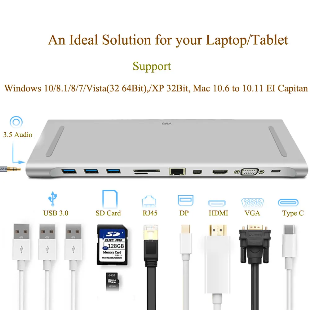Многофункциональная док станция 11 в 1 WIWU USB Type C для MacBook алюминиевая Универсальная