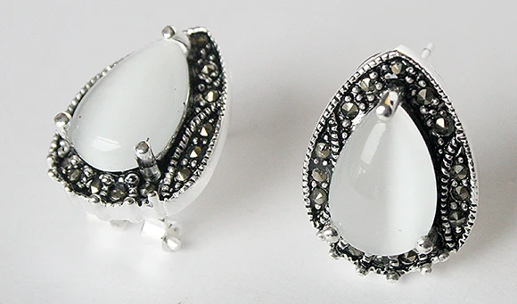 2 choices VINTAGE 925 STERLING SILVER BLACK Natural Stone AND WHITE OPAL MARCASITE EARRINGS 15X19MM | Украшения и аксессуары