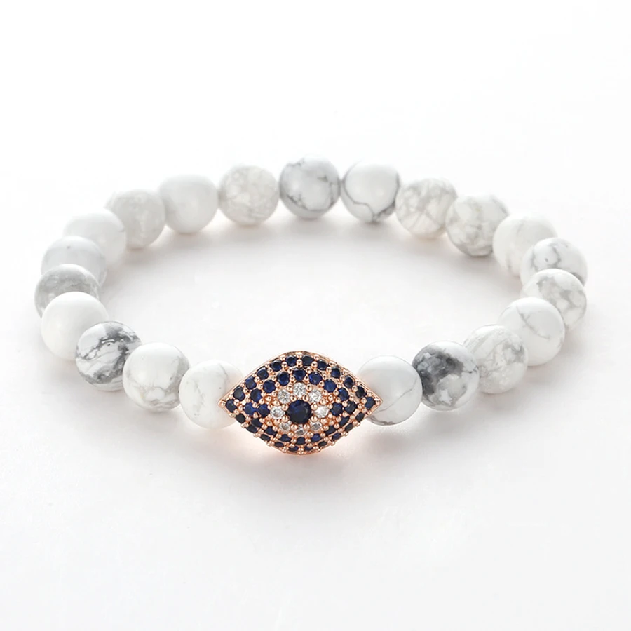 

HOBBORN Howlite White Pine Loose Beads Bracelets for Women Men Natural Stone Strand Amulet Evil Eyes Healing Yoga Bracelets Cruz