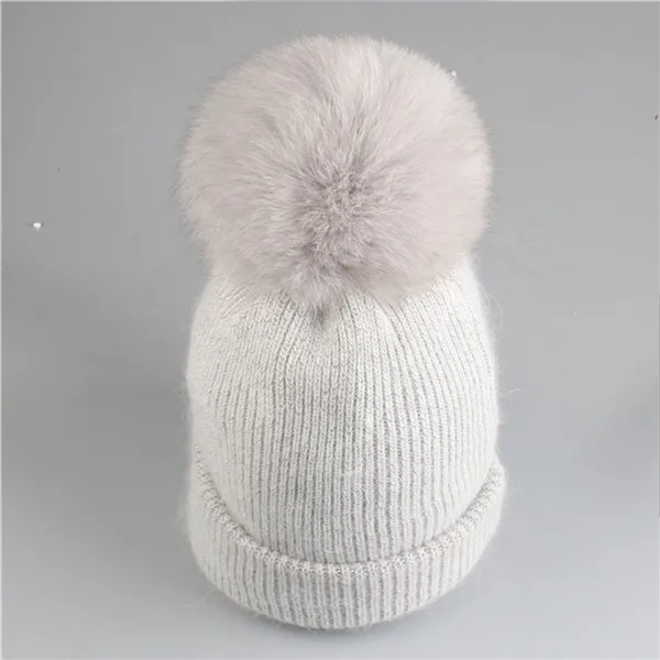 light fox fur 2 Xthree новая простая зимняя шапка из кроличьего меха, шапка с натуральным мехом, шапка с помпоном для женщин, цветная шапка Skullies, теплая Женская шапка - Цвет: light fox fur 2