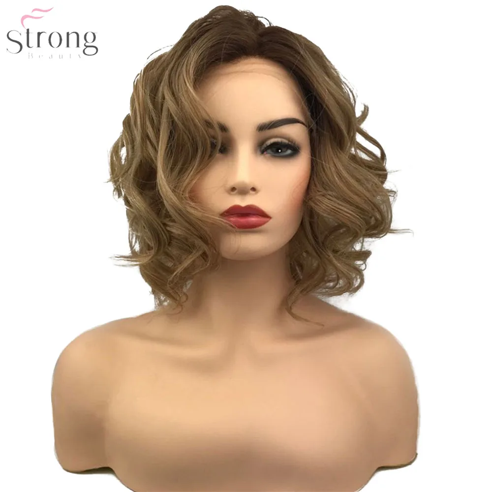 StrongBeauty синтетический кружевной передний парик светильник коричневый/серый Волосы Омбре Средний кудрявый натуральный парик