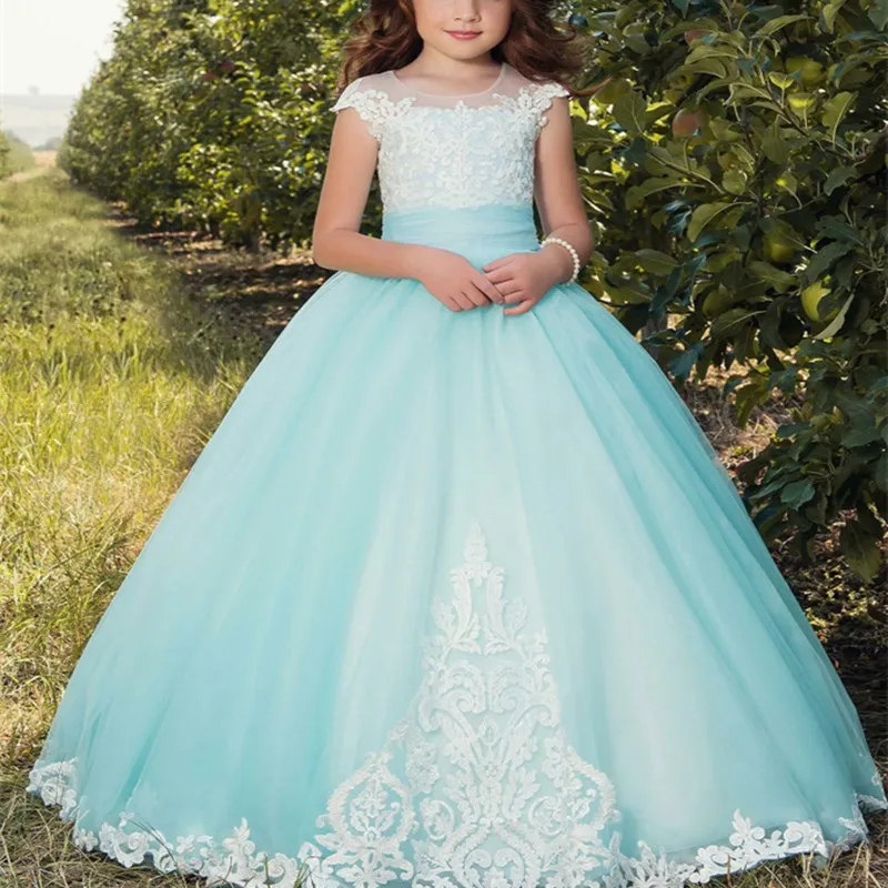 

Blue Lace Applique Romantic Puffy Flower Girl Dresses for Weddings Tulle Gown Girl Partys Birthday Communion Pageant Dresses