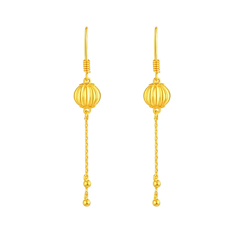 

Pure 24K Yellow Gold Earrings Women Ball China Lantern Dangle Earrings 7.36g