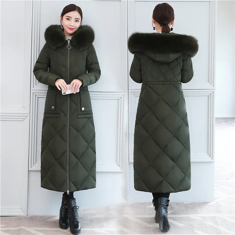 Женское длинное пуховое пальто с капюшоном из натурального меха 90% утиного пуха