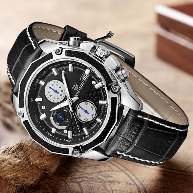 MEGIR Fashion Casual Quartz Wrist Watch Men Luxury Top Brand 30M Waterproof Leather Strap Sports Watches Male Relogio Masculino
