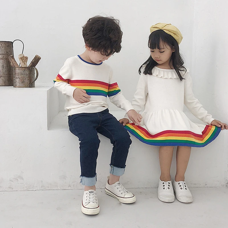 Платье для маленьких девочек 2-6 лет Радужное трикотажное платье-свитер мальчиков