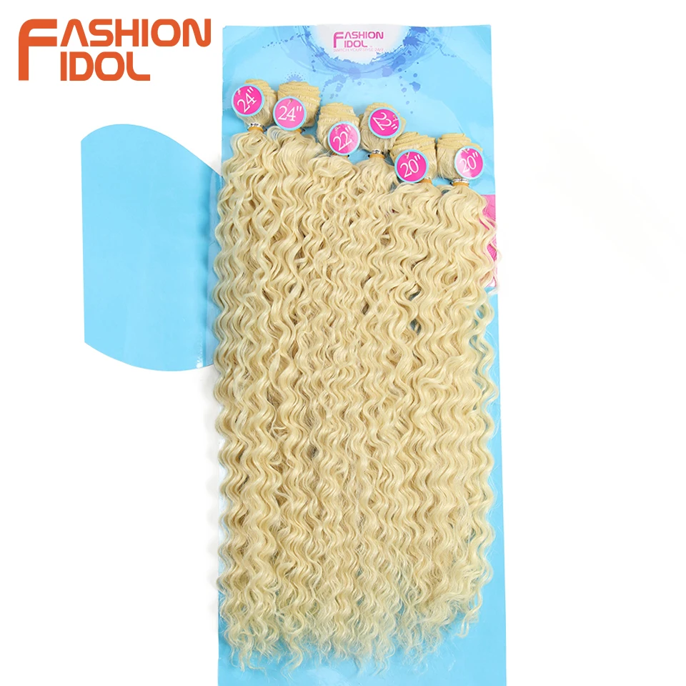 FASHION IDOL Afro Kinky Curly Hair Weave Bundles 613 Blonde Color Synthetic Hair Extensions Nature Color 6 PC 20 22 24 inch Hair
