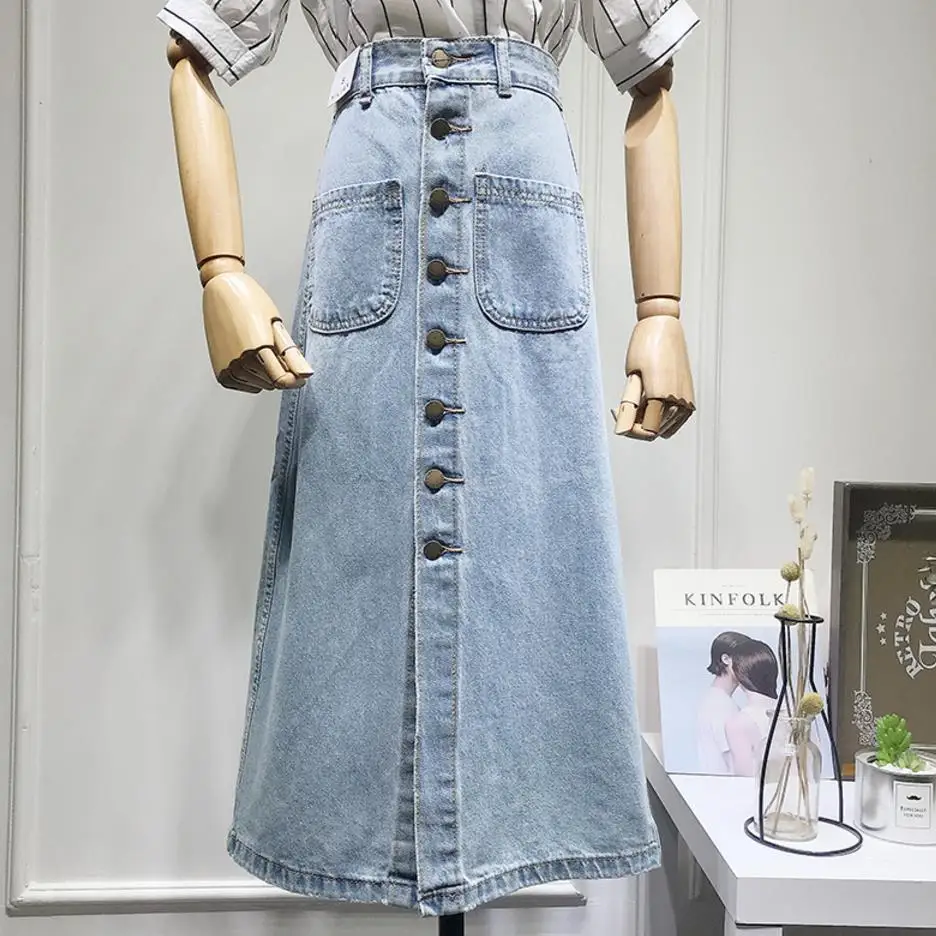 Женские джинсовые юбки 2018 осень высокая талия трапециевидная Повседневная