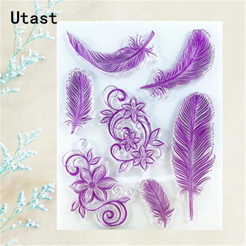 Прозрачные силиконовые штампы с розовыми перьями и цветами/прозрачные резиновые