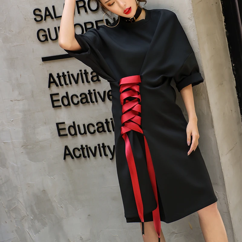 New arrival plus size summer bandage dress women casual loose high waist A-line lace half sleeve O-neck quality | Женская одежда