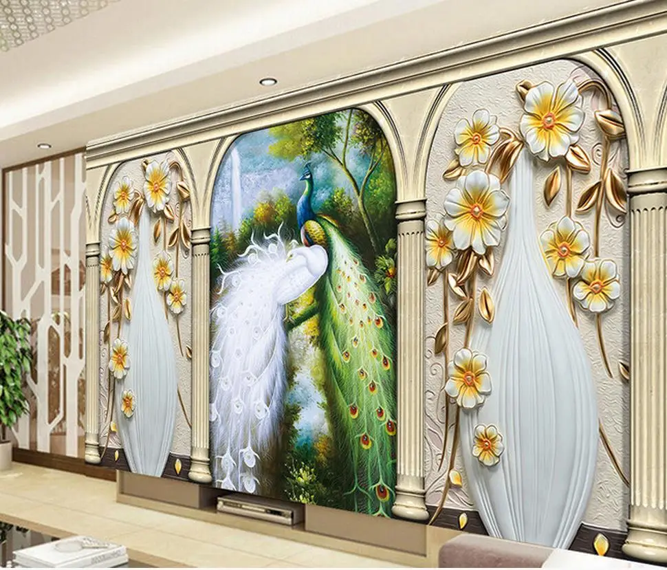 3D Павлин римская колонна ваза пленка фоновая стена фото 3d обои классические для