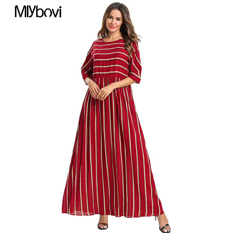 Элегантное красное платье в полоску 2019 мусульманское длинное кимоно Abaya