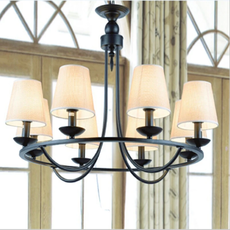 Американский стиль Крытый металлический подвесной светильник из ткани абажур