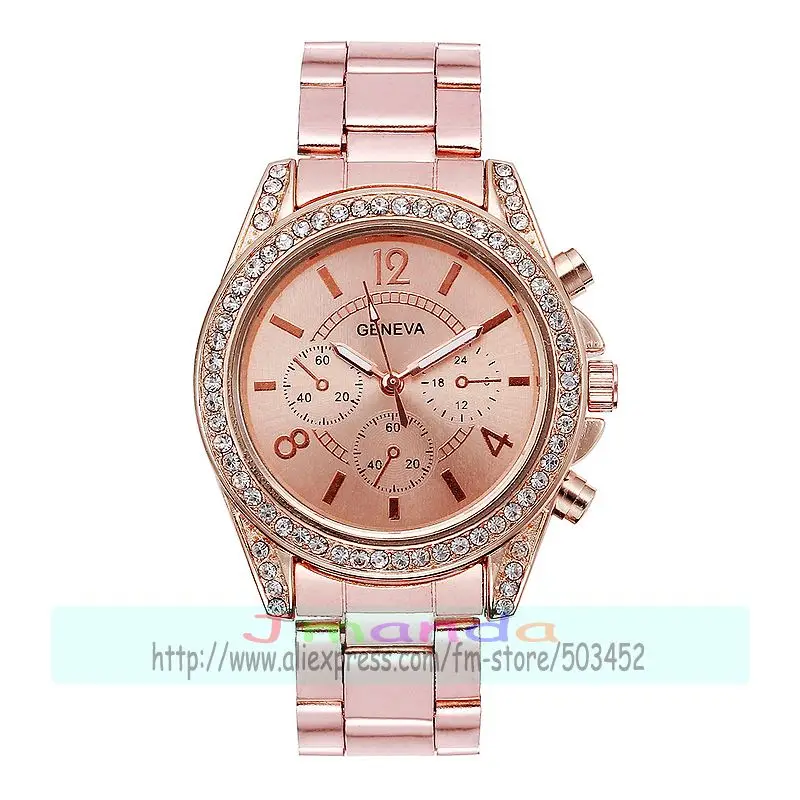 rose gold 100 шт/лот модные часы GENEVA из нержавеющей стали женские кварцевые часы обернуть кварцевые повседневные часы с яркими украшениями Bling для женщин наручные часы торговля - Цвет: rose gold