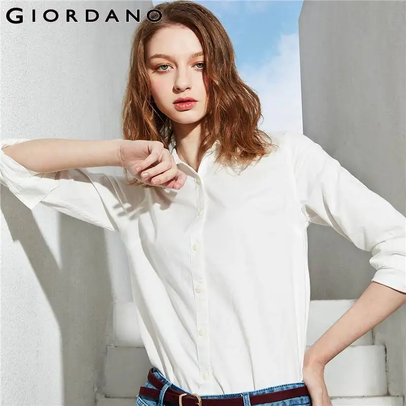 Giordano женская стрейчевая рубашка Оксфорд спиннинг с длинными рукавами имеется