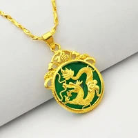 round green jade pendant necklace yellow gold filled dragon patterned mens womens neck chain