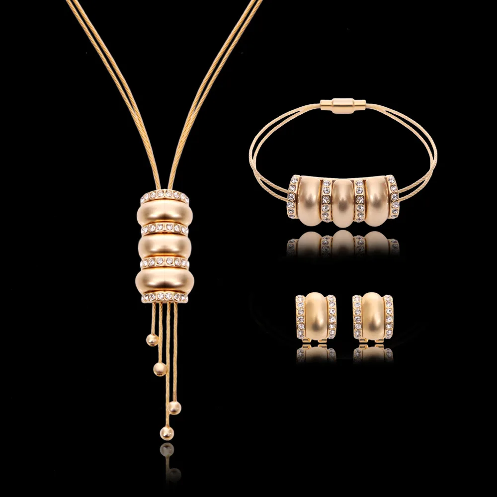 Necklace Set For Women African Beads Crystal Jewelry Sets Fine Tassel Pendant Earring Bangle Three layers Choker Accessories | Украшения и