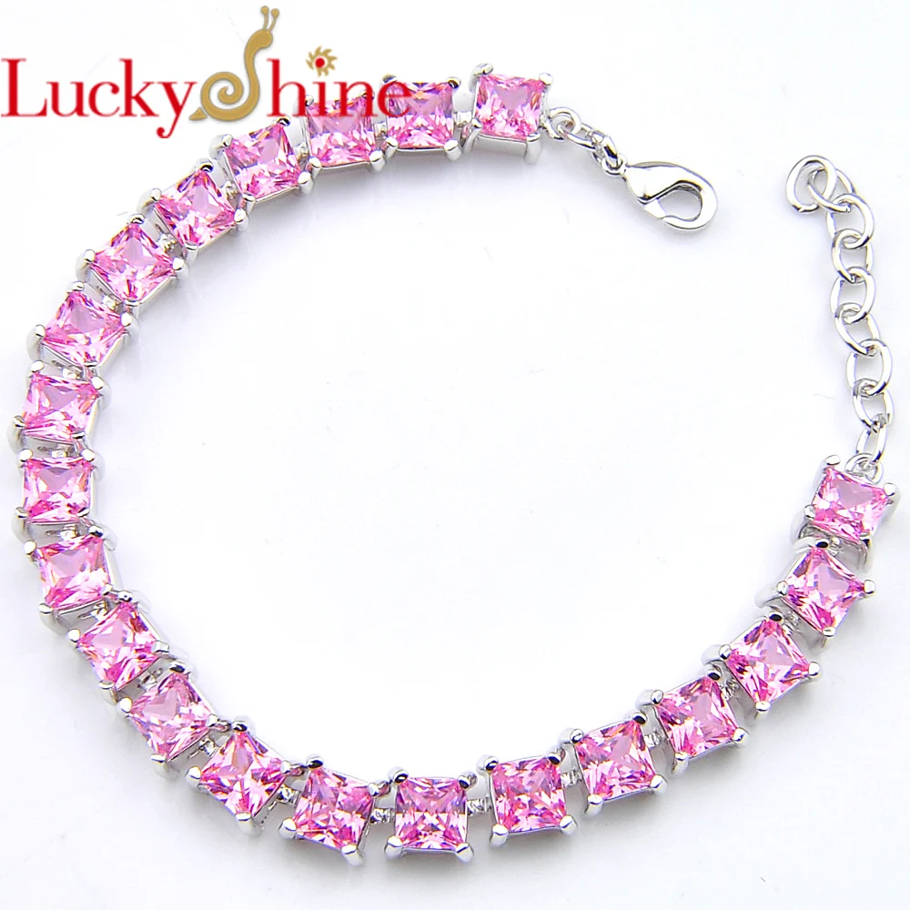LuckyShine модные огонь площади розовый кунцит Кристалл циркония Серебряная цепочка