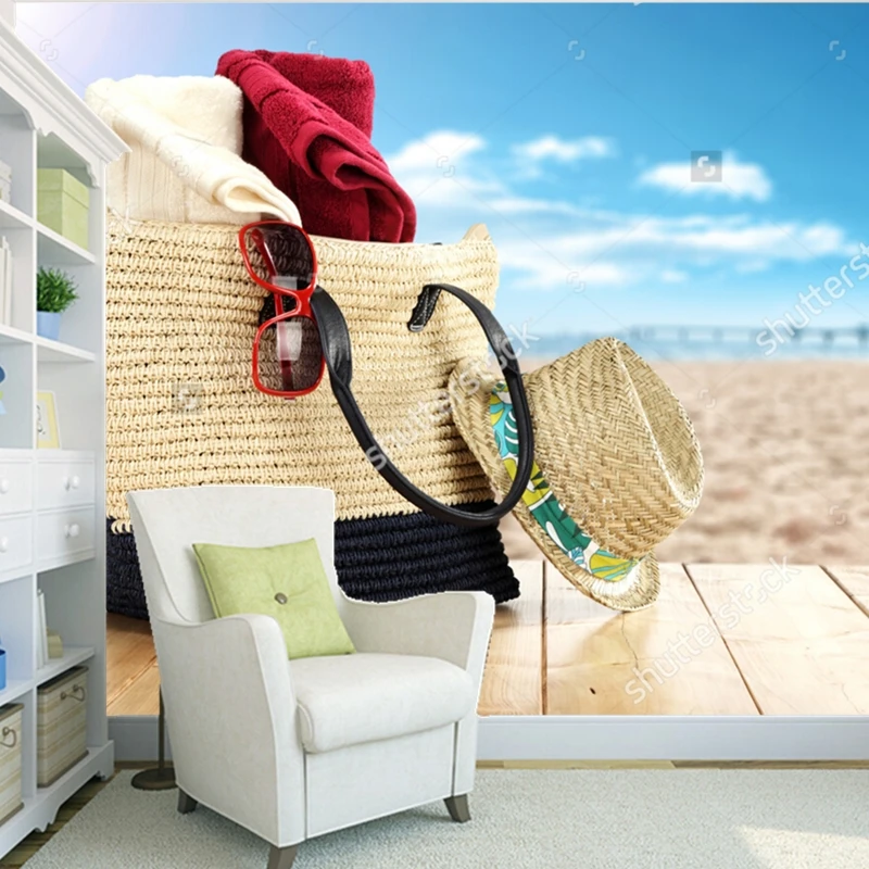 Обои с природным пейзажем деревянный стол море и пляж 3D фото для гостиной спальни