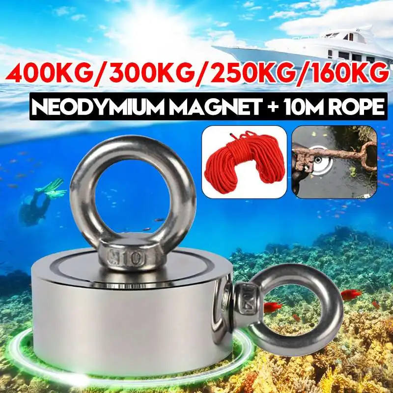 160/250/300/400 кг двухсторонний сильный поврежденный магнит глубокое море поврежденный рыболовный крючок неодимовый магнит с 10 м веревки+ 2 Болт с проушиной