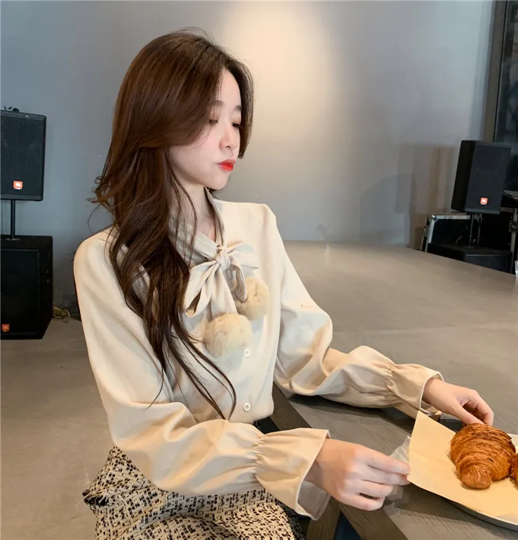 Шифоновые блузки женские с меховым Бантом Милые шифоновые рубашки топы 2019 новые