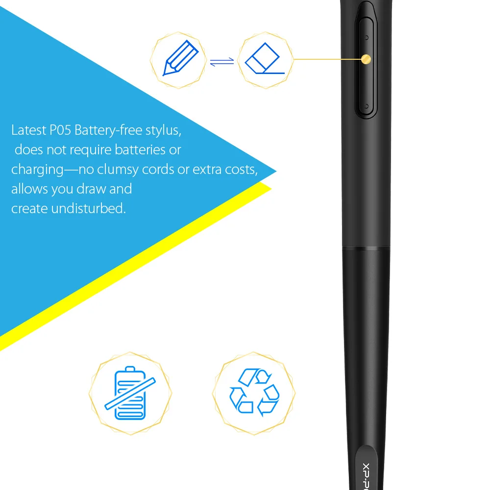 Треугольный Безбатарейный стилус XP-Pen PN05 для графического планшета XP-Pen Deco 01 с ластиком и 8 x сменными наконечниками