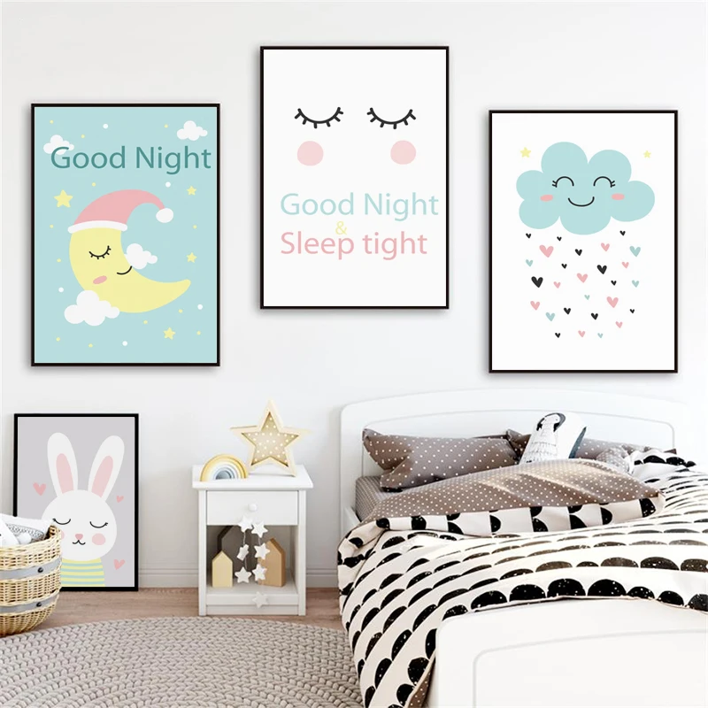 Милый Goodnight мультфильм Луна Звезда кролик холст живопись плакаты и принты