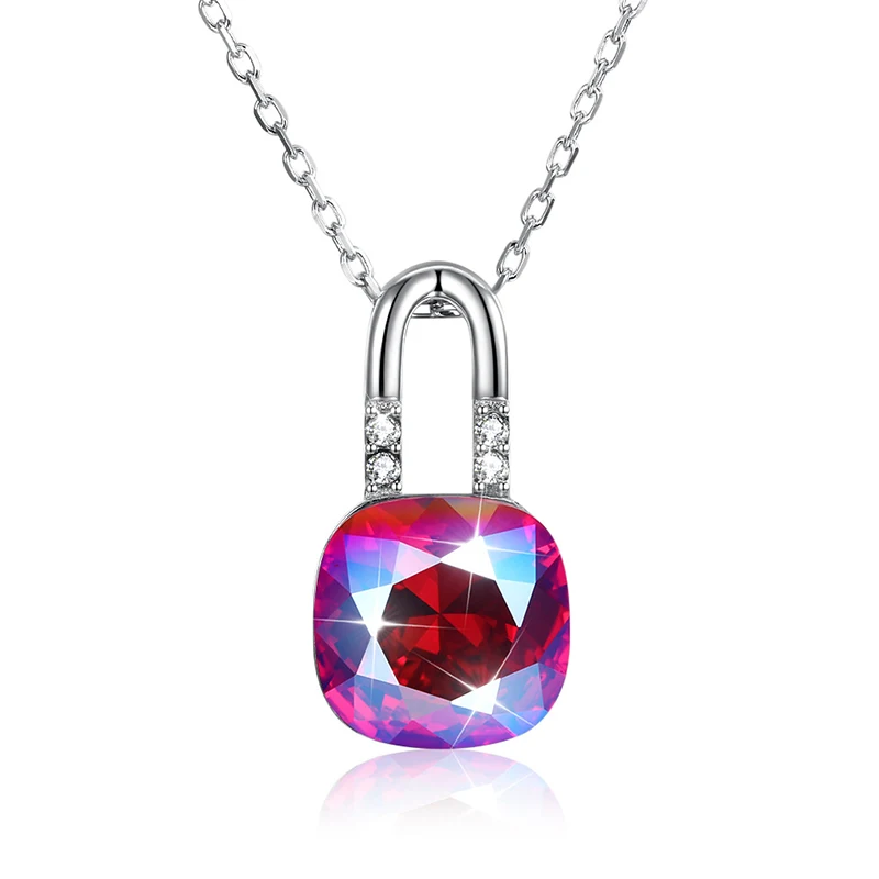 Qevila New Fashion Necklaces Jewelry 925 Sterling Silver Padlock Pendant Necklace for Women Crystals Chain Gift |
