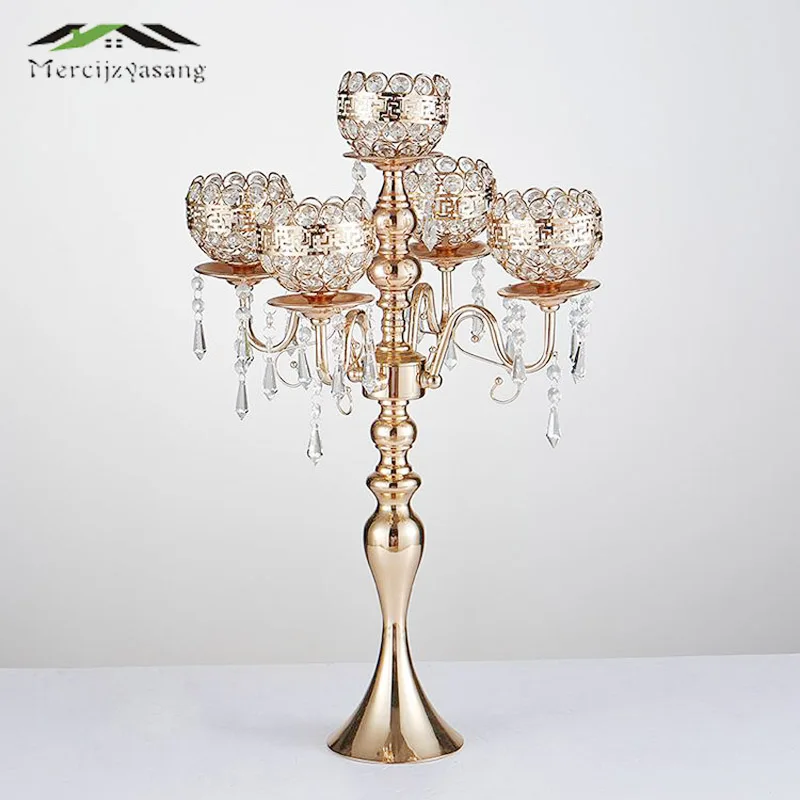 Золотые подсвечники 5 Дуг подсвечник для свадьбы стенд столб с кристаллами Portavelas
