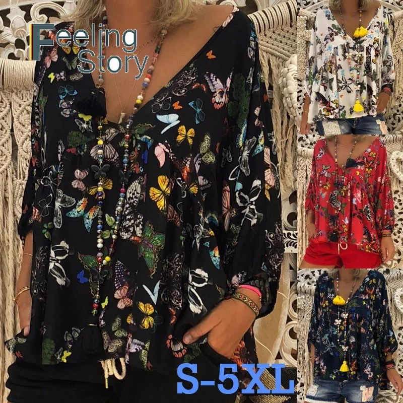5X плюс Размеры Boho Для женщин s Топы и блузки 2019 Бабочка Топ с принтом рубашка
