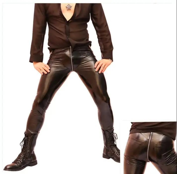 Black personality fashion Sexy high-elastic tight motorcycle faux leather pants mens feet pants pu trousers for men singer stage