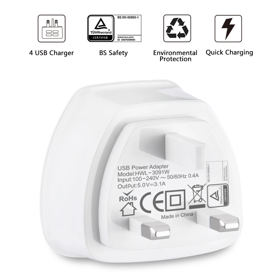

[BS Certification] 9 PCS UK Plug HAWEEL 4 USB Ports Max 3.1A Travel Charger Kits with Display Stand Box